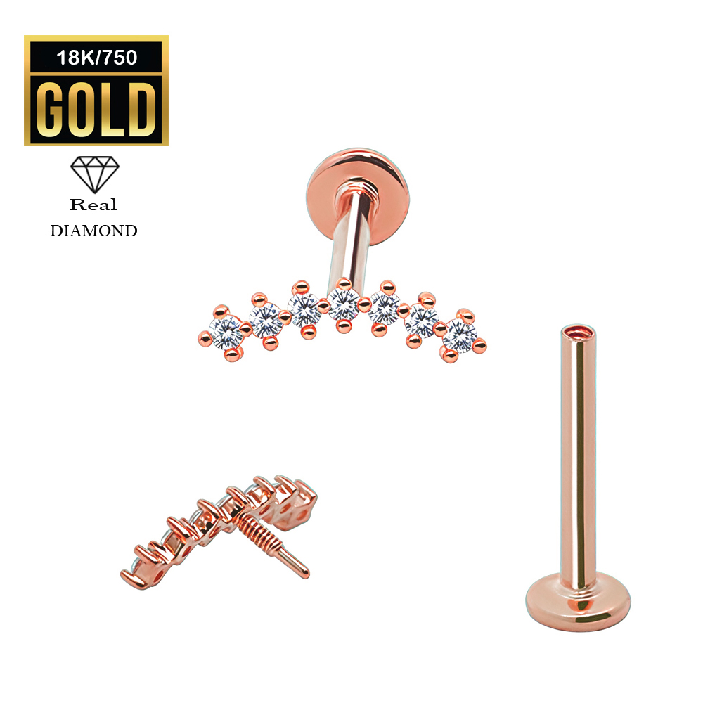 18K Real Rose Gold Flat Back Internally Threaded Labret  with Real Diamond Design Top  