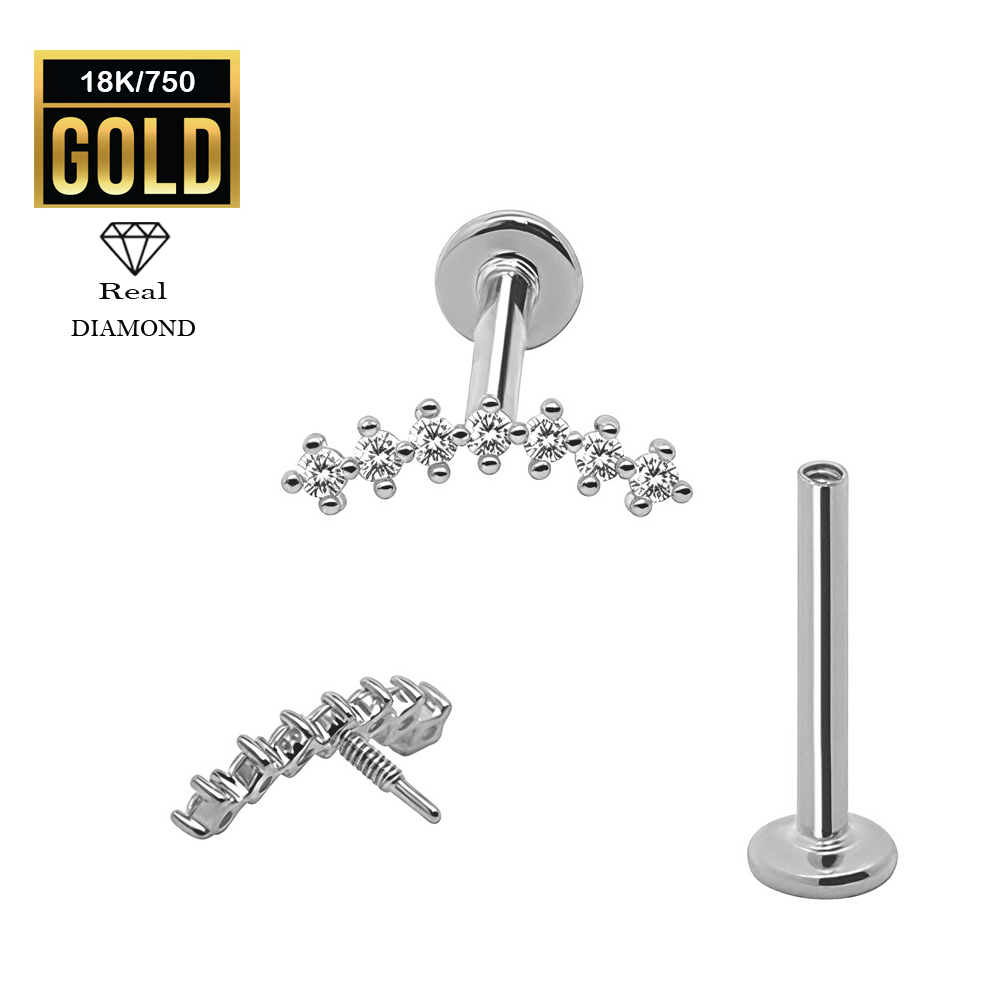 18K Real White Gold Flat Back Internally Threaded Labret  with Real Diamond Design Top 