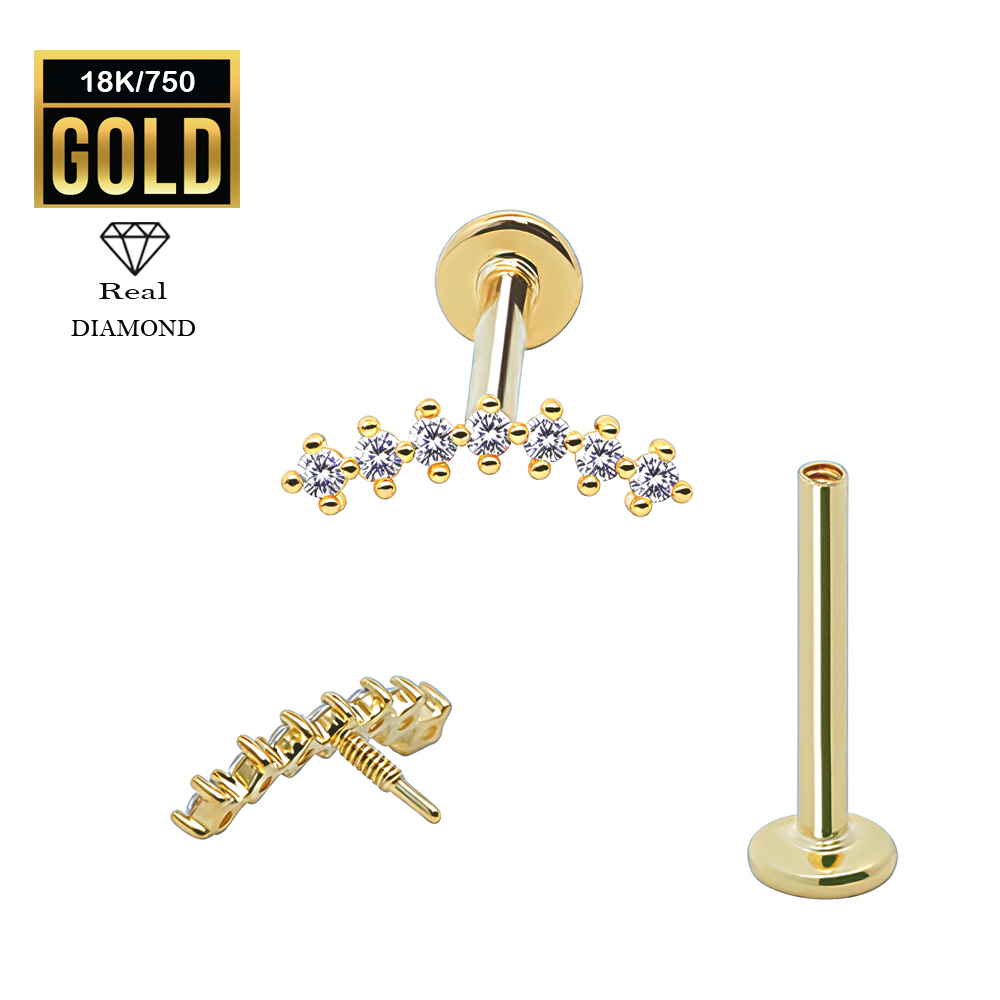 18K Real Gold Flat Back Internally Threaded Labret  with Real Diamond Design Top   