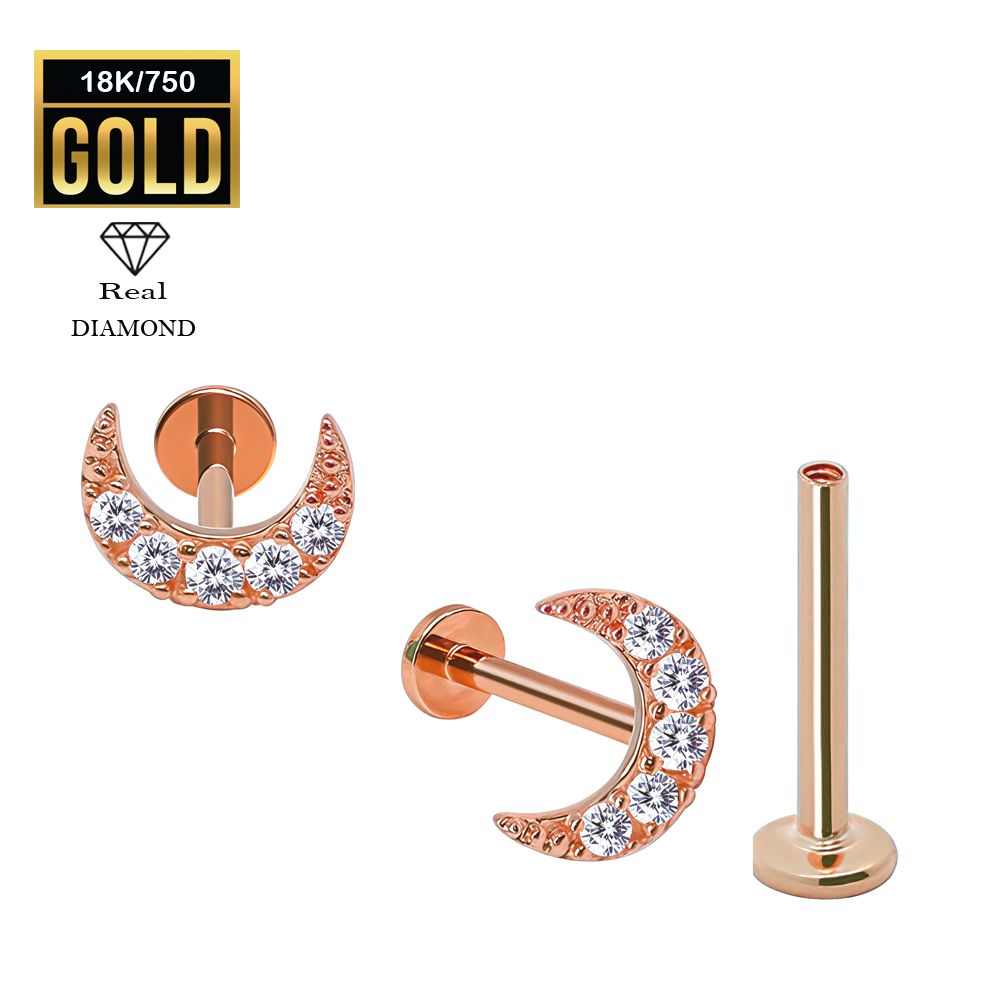 18K Real Rose Gold Flat Back Internally Threaded Labret  with Real Diamond Design Top   