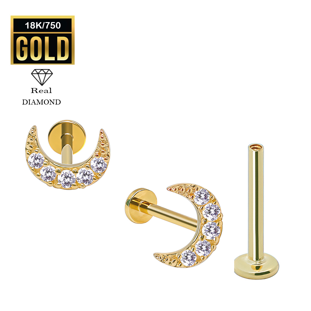 18K Real Gold Flat Back Internally Threaded Labret  with Real Diamond Design Top