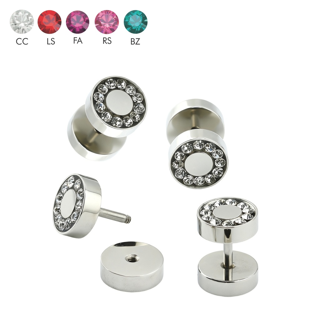 Steel 316L Ear Fake Plug with Flat Crystal Disc without Epoxy Cover - 16GA(1.2mm) 