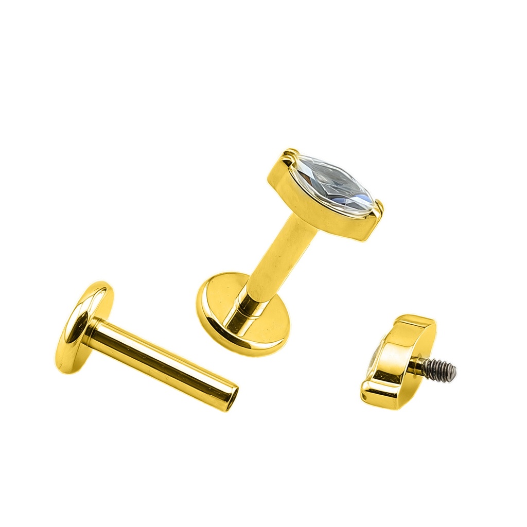 Titanium G23/ASTM F-136 Yellow Gold Ti-PVD Coated Internally Threaded Labret with Premium Marquise Crystal Blaze Set Fan Top Design, Internal Thread 0.9mm - 16GA(1.2mm) 