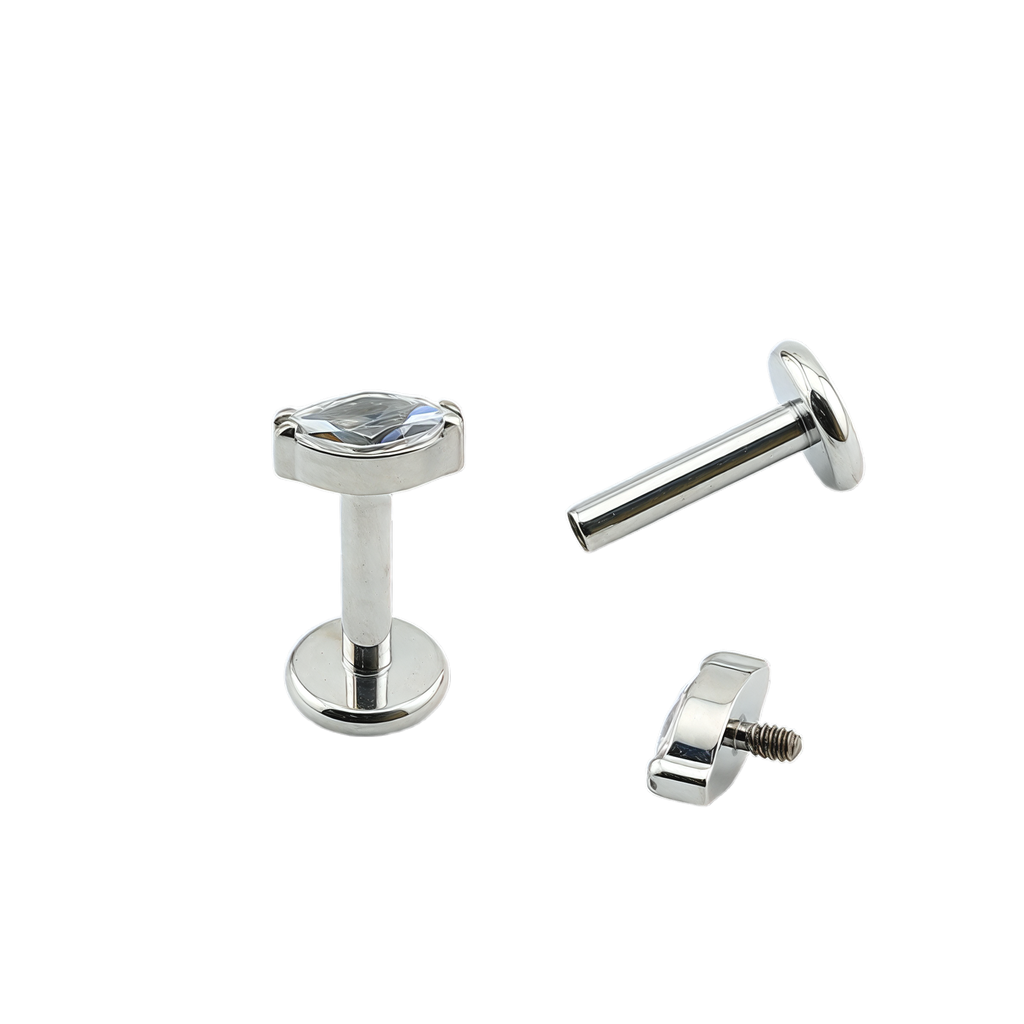 Titanium G23/ASTM F-136 White Gold Ti-PVD Coated Internally Threaded Labret with Premium Marquise Crystal Blaze Set Fan Top Design, Internal Thread 0.9mm - 16GA(1.2mm) 