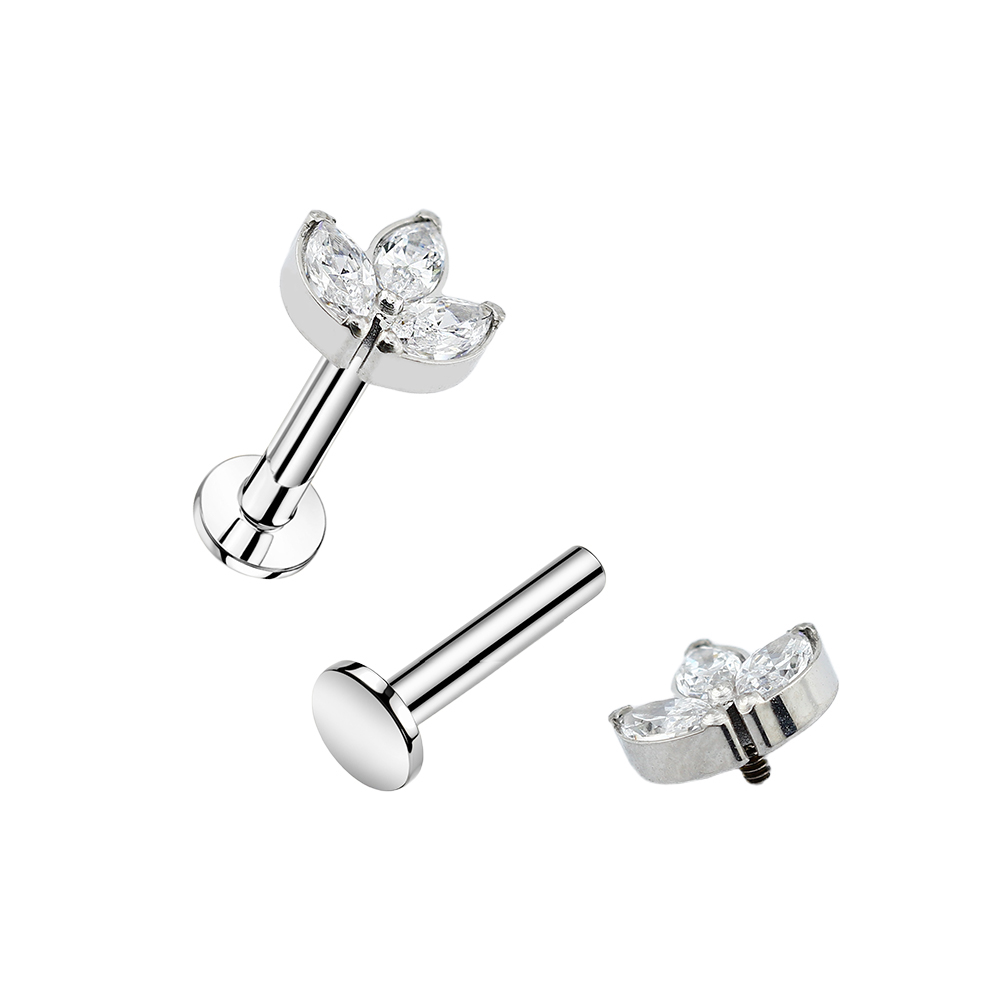 Titanium G23/ASTM F-136 White Gold Ti-PVD Coated Internally Threaded Labret with 3 Premium Marquise Crystal Top Design, Internal Thread 0.9mm - 16GA(1.2mm) 