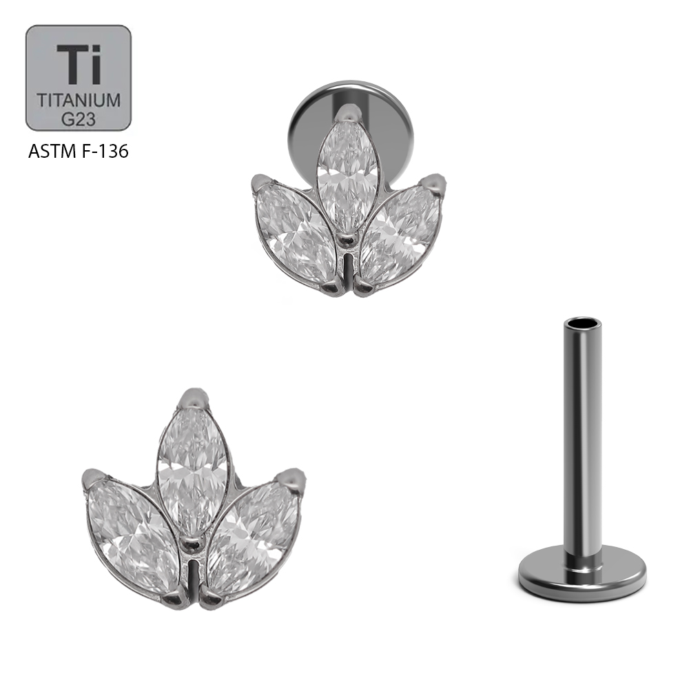 Titanium G23/ASTM F-136 White Gold Ti-PVD Coated Internally Threaded Labret with 3 Swarovski Marquise Crystal Top Design, Internal Thread 0.9mm - 16GA(1.2mm) (NB)