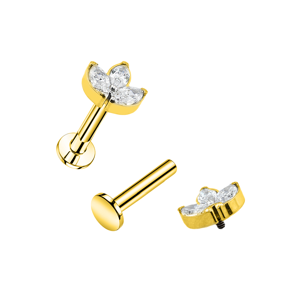 Titanium G23/ASTM F-136 Yellow Gold Ti-PVD Coated Internally Threaded Labret with 3 Premium Marquise Crystal Top Design, Internal Thread 0.9mm - 16GA(1.2mm) 