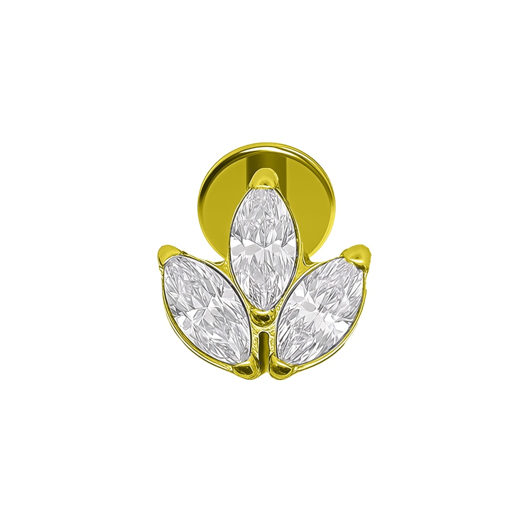 Titanium G23/ASTM F-136 Yellow Gold Ti-PVD Coated Internally Threaded Labret with 3 Swarovski Marquise Crystal Top Design, Internal Thread 0.9mm - 16GA(1.2mm) (NB) 