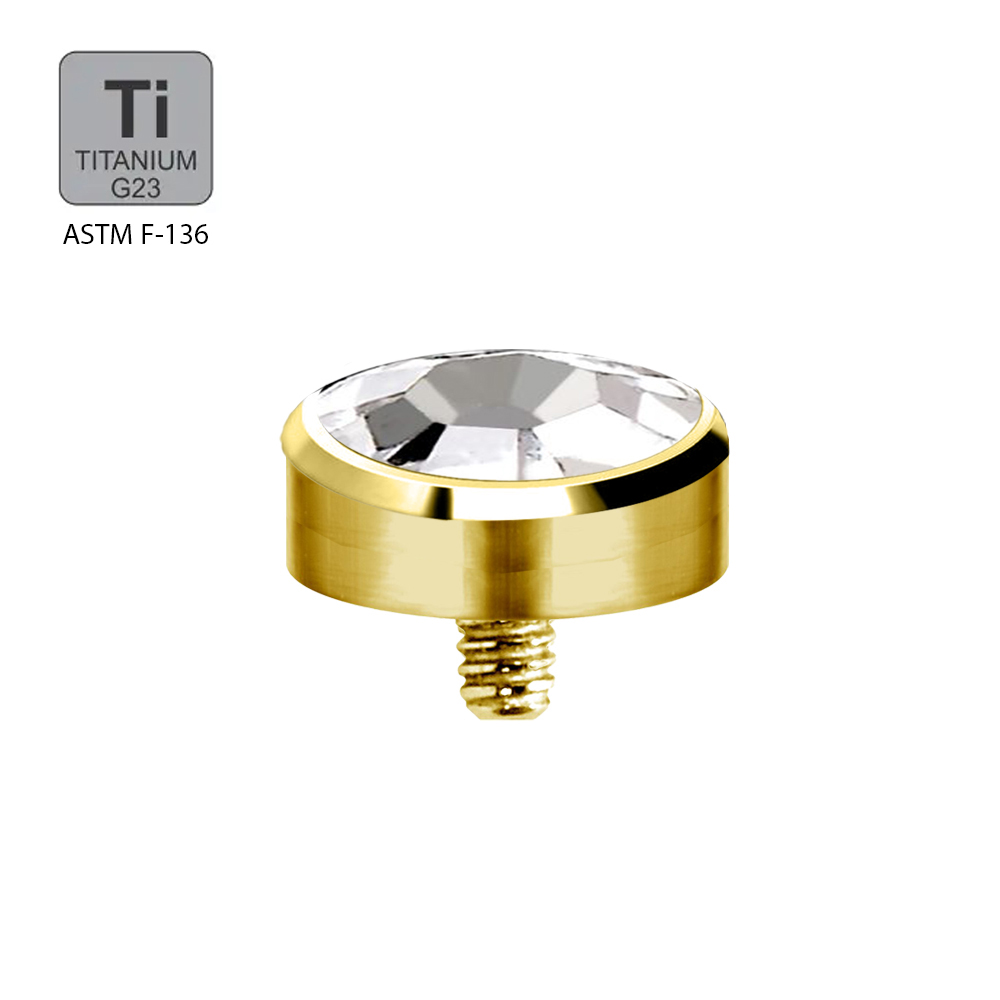 Titanium G23/ASTM F-136 Gold Ti-PVD-Coated Flat Disc Top with Crystal 