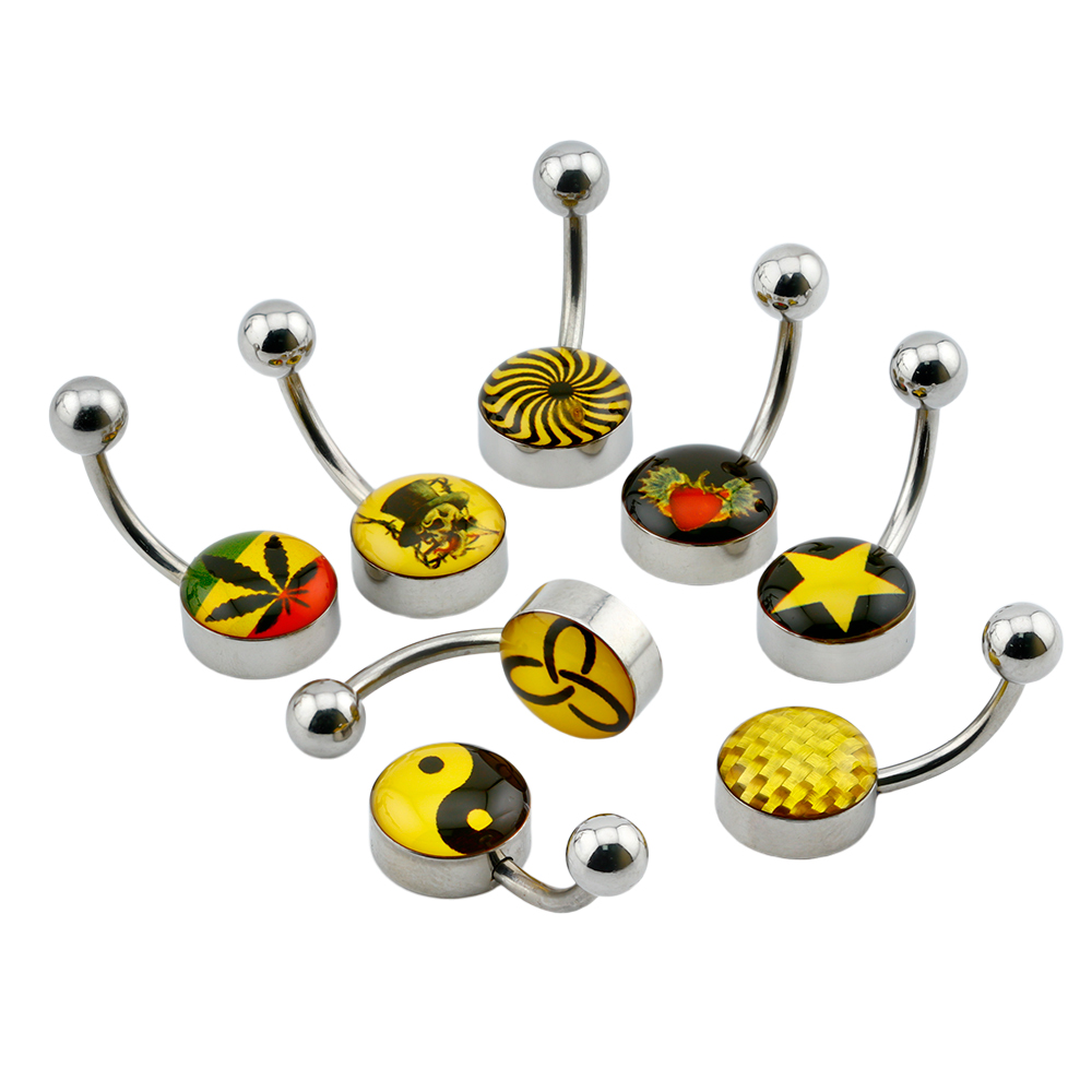 Steel 316L Belly Bananabell with Assorted Epoxy Covered Picture Disc - Pack of 100pcs Mixed Designs