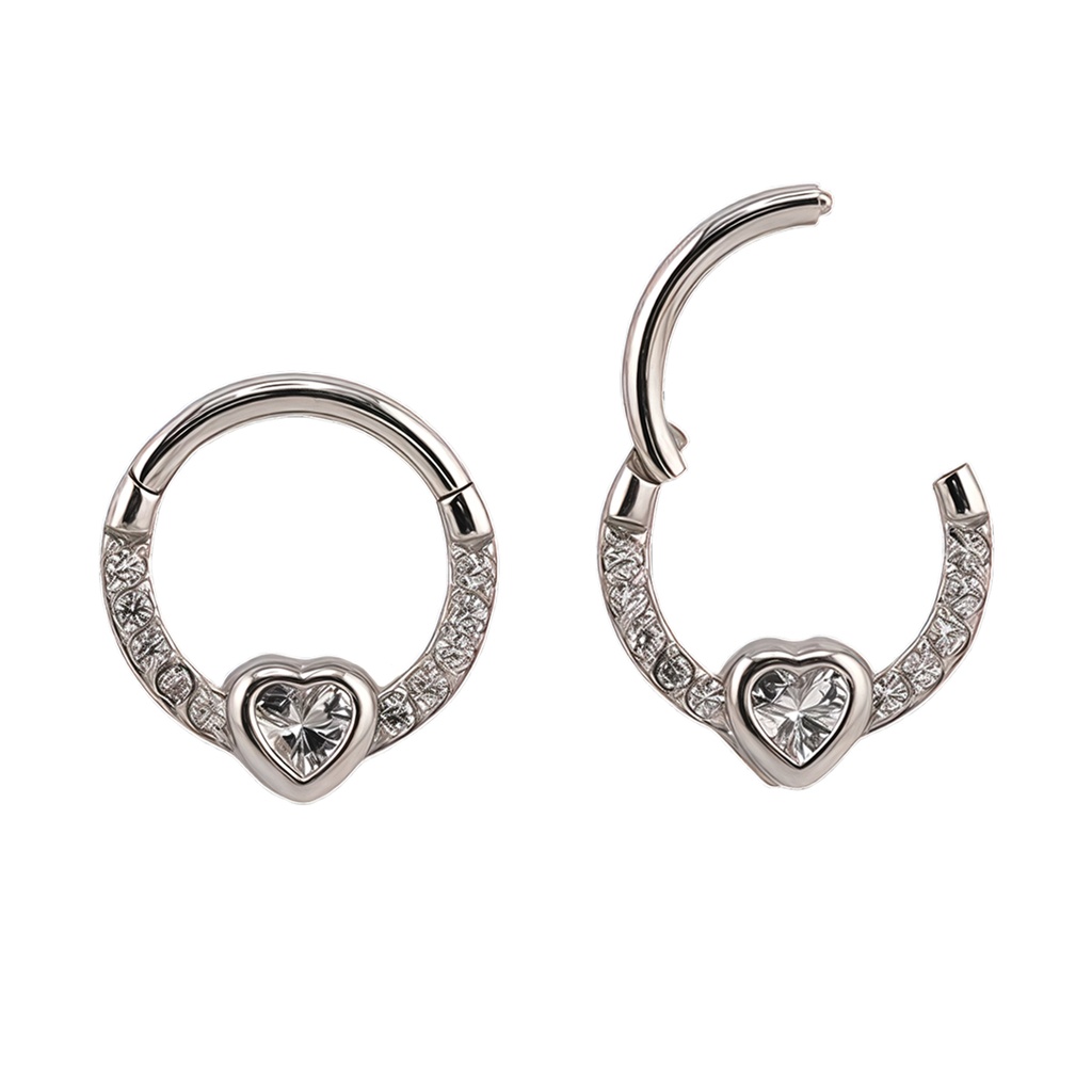 Steel 316L Hinged Segment Ring with Forward Facing Crystal and Heart Setted Crystal