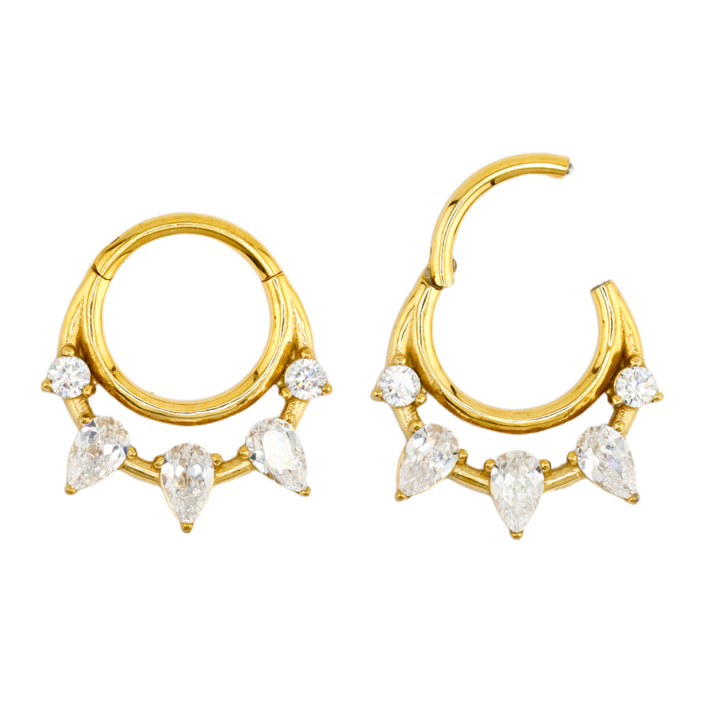 Steel 316L Gold Ti-PVD Hinged Segment Ring with Pear and Round Shaped Crystal  