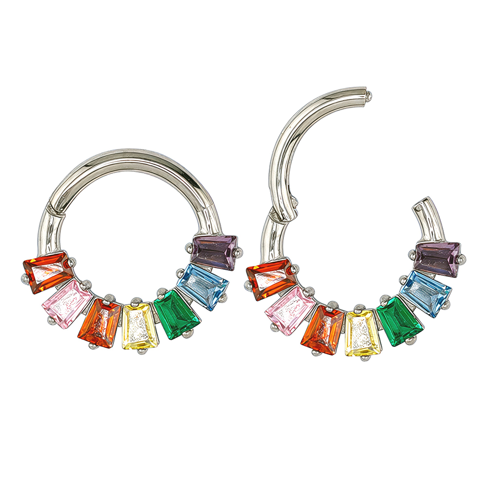 Steel 316L Hinged Segment Ring with Colorful Baguette Stone