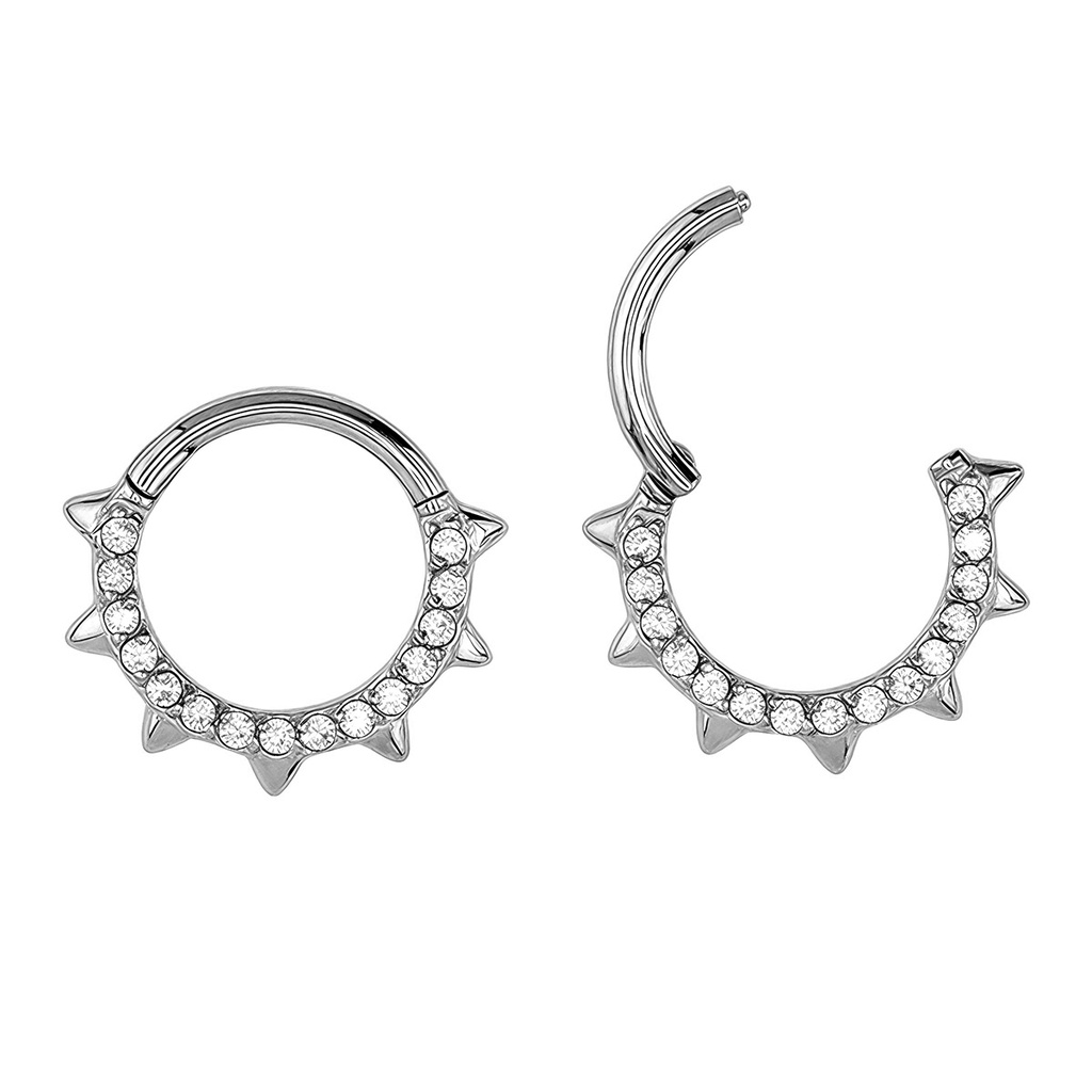 Steel 316L Hinged Segment Ring with Forward Faced Round Crystal in Prong Setting