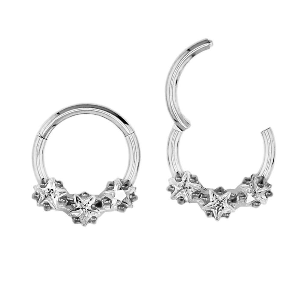 Steel 316L Hinged Segment Ring with Star Shaped  Crystal  in Prong Setting