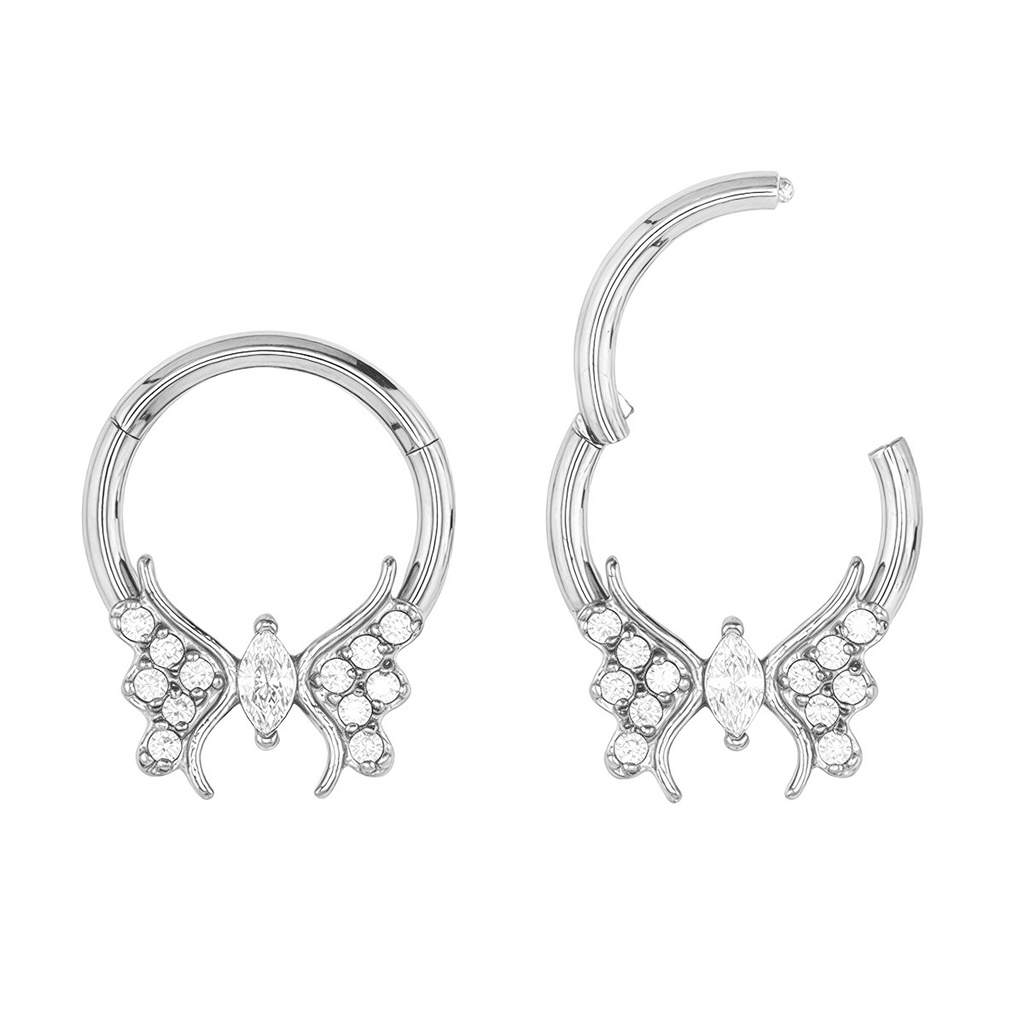 Steel 316L Hinged Segment Ring with Crystals in Butterfly Design