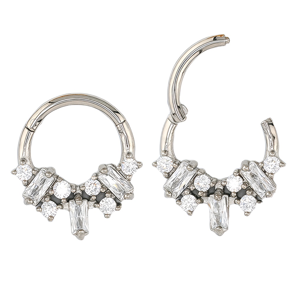 Steel 316L Hinged Segment Ring with Baguette and Round Shaped  Crystal  in Prong Setting