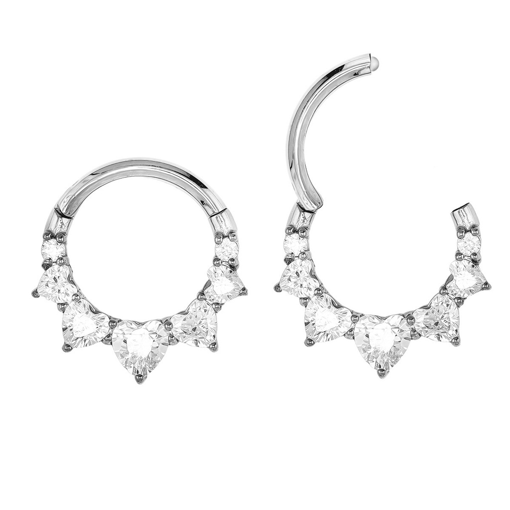 Steel 316L Hinged Segment Ring with Heart Shaped  Crystal in Prong Setting 