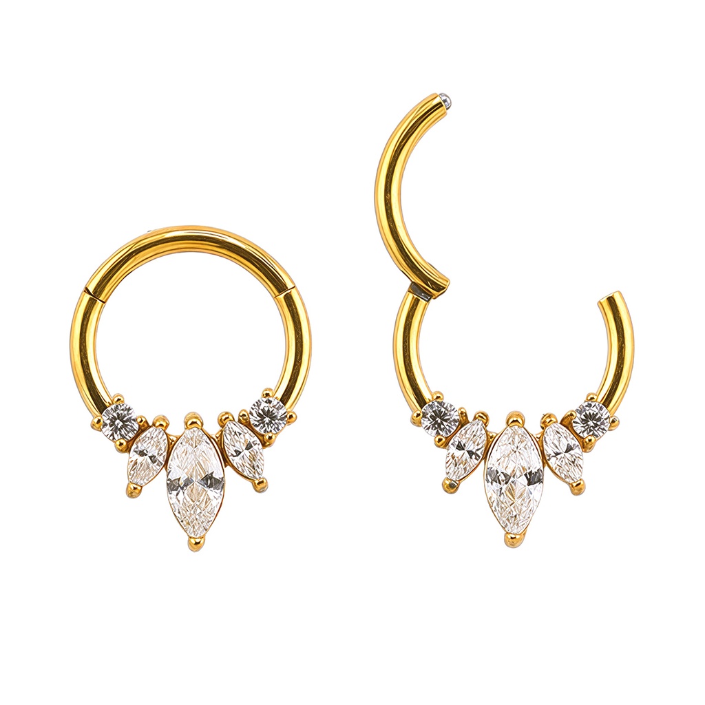 Steel 316L Gold Ti-PVD Hinged Segment Ring with Marquise and Round Shaped Crystal in Prong Setting 