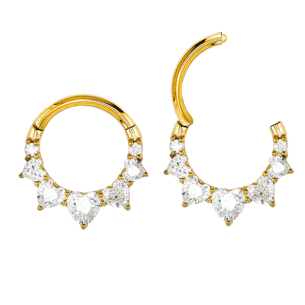 Steel 316L Gold Ti-PVD Hinged Segment Ring with Heart Shaped  Crystal in Prong Setting  