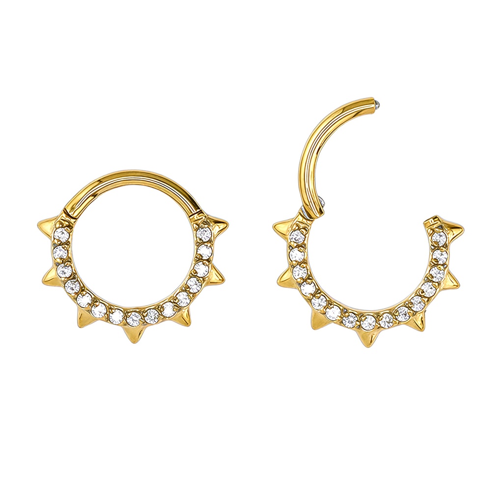Steel 316L Gold Ti-PVD Hinged Segment Ring with Forward Faced Round Crystal in Prong Setting 