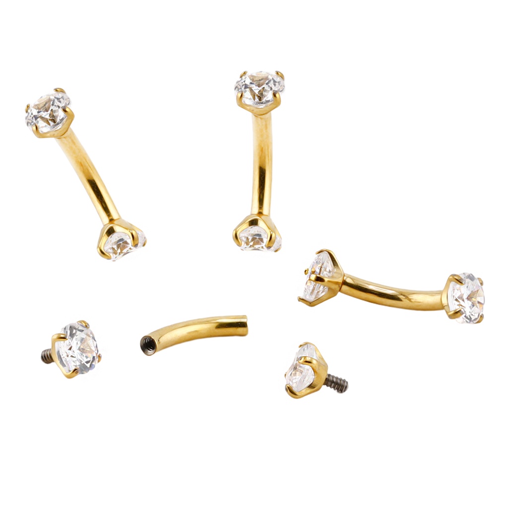Titanium G23/ASTM F-136 Gold Ti-PVD Coated Internally Threaded Bananabell with Premium Crystal in Prong Setting - Internal Thread 0.9mm 