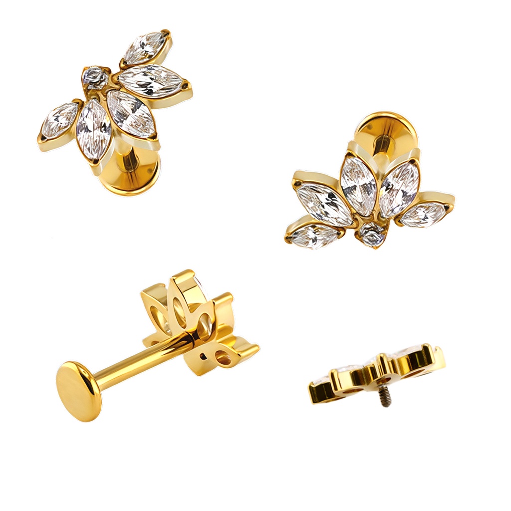 Titanium G23/ASTM F-136 Yellow Gold Ti-PVD Coated Internally Threaded Labret with 4 Marquise Cubic Zirconia and Round Cubic Zirconia Center Top - Internal Thread 0.9mm
