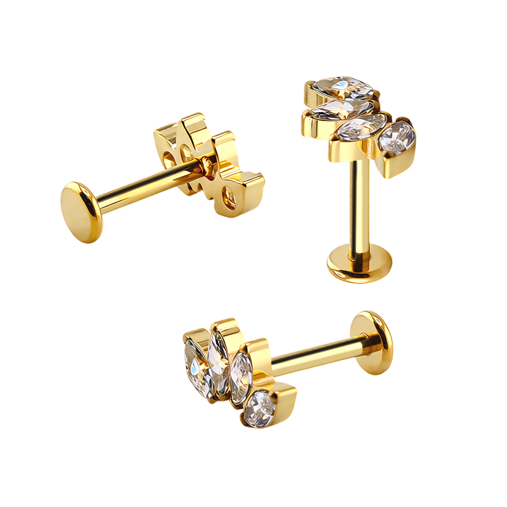 Titanium G23/ASTM F-136 Yellow Gold Ti-PVD Coated Internally Threaded Labret with 4 Prong Set Marquise Cubic Zirconia Top - Internal Thread 0.9mm