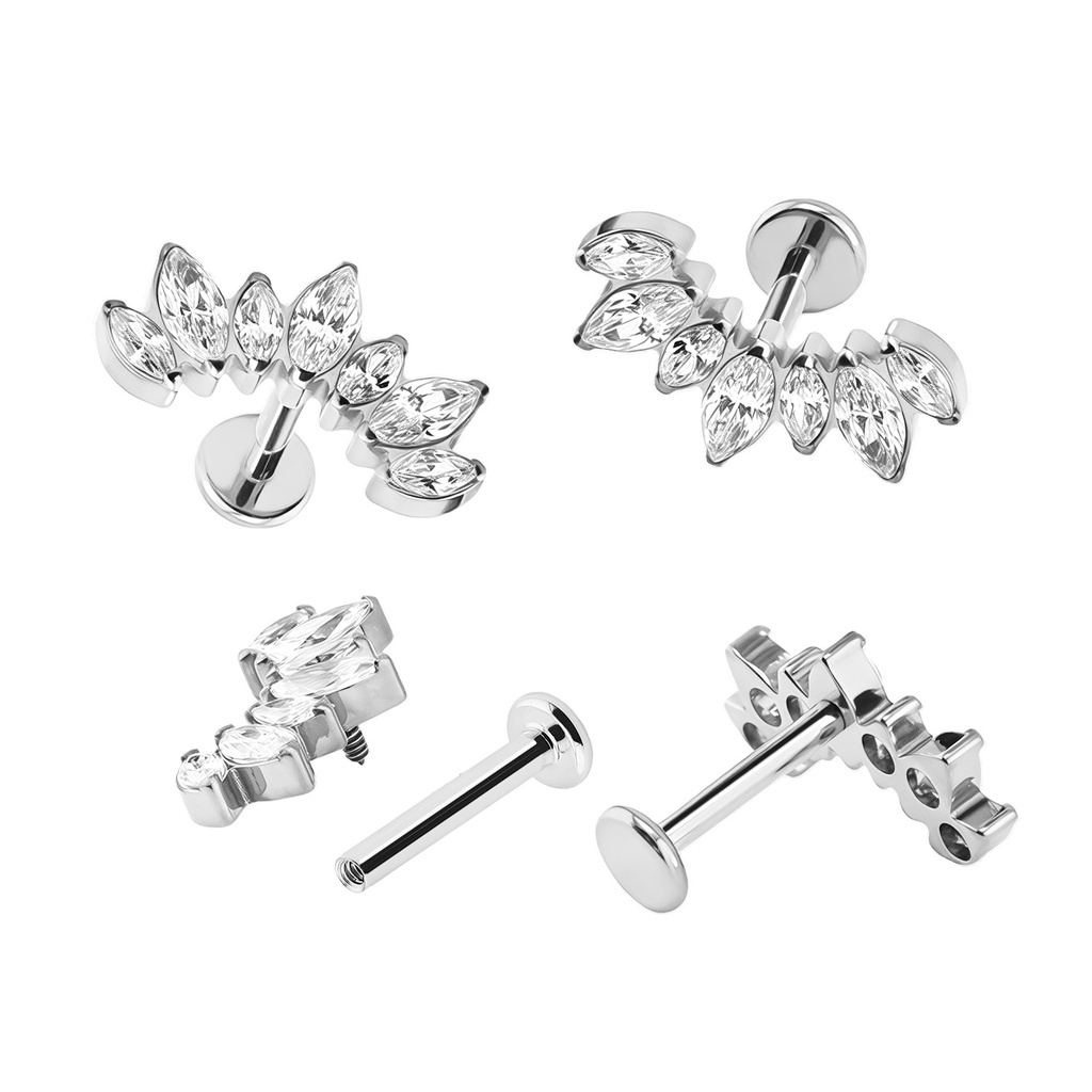 Titanium G23/ASTM F-136 White Gold Ti-PVD Coated Internally Threaded Labret with 7 Prong Set Marquise Cubic Zirconia Top - Internal Thread 0.9mm