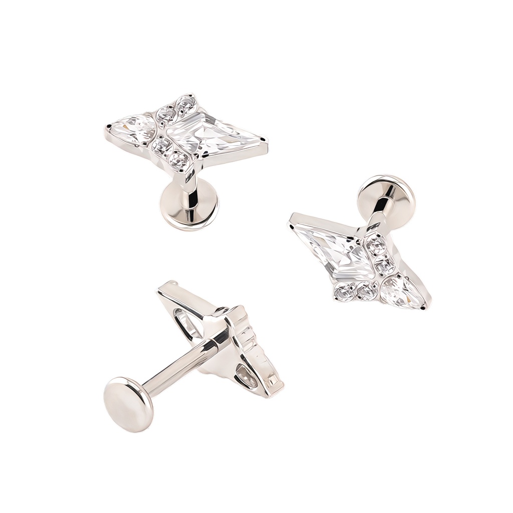 Titanium G23/ASTM F-136 White Gold Ti-PVD Coated Labret with Internally Threaded In CNC Set Kite Cubic Zirconia and Tear Drop Cubic Zirconia Combined -Internal Thread 0.9mm
