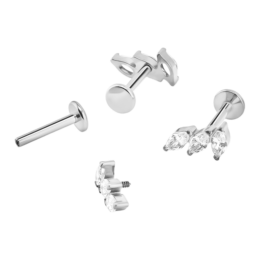 Titanium G23/ASTM F-136 White Gold Ti-PVD Coated Labret with Internally Threaded in 3 Prong Set Marquise Cubic Zirconia Top - Internal Thread 0.9mm