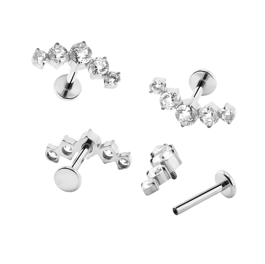 Titanium G23/ASTM F-136 White Gold Ti-PVD Coated Internally Threaded Labret with 5 Cubic Zirconia Blaze Set Curve Top -  Internal Thread 0.9mm