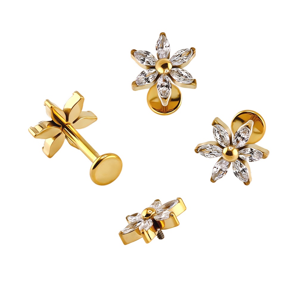 Titanium G23/ASTM F-136 Yellow Gold Ti-PVD Coated with Internally Threaded In 6 Prong Set Marquise Cubic Zirconia Flower Top - Internal Thread 0.9mm 