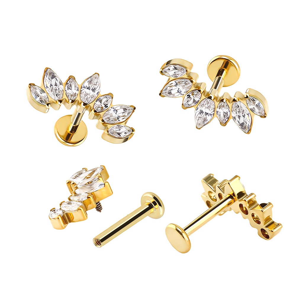 Titanium G23/ASTM F-136 Yellow Gold Ti-PVD Coated Internally Threaded Labret with 7 Prong Set Marquise Cubic Zirconia Top - Internal Thread 0.9mm 