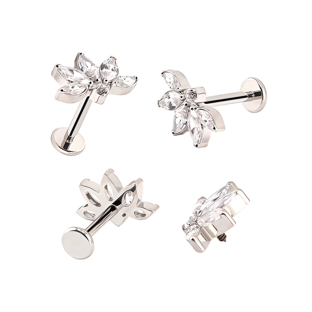 Titanium G23/ASTM F-136 White Gold Ti-PVD Coated Internally Threaded Labret with 4 Marquise Cubic Zirconia and Round Cubic Zirconia Center Top - Internal Thread 0.9mm 