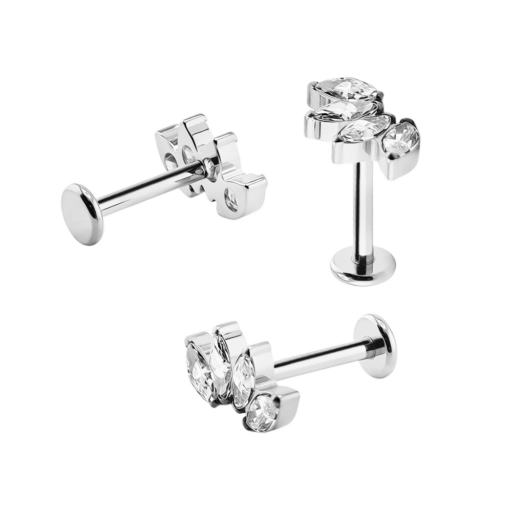 Titanium G23/ASTM F-136 White Gold Ti-PVD Coated Internally Threaded Labret with 4 Prong Set Marquise Cubic Zirconia Top - Internal Thread 0.9mm 
