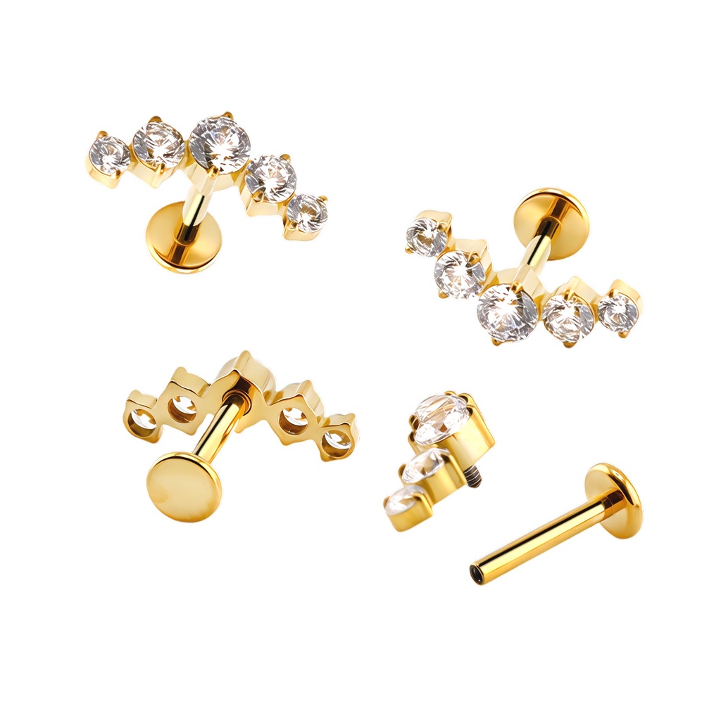 Titanium G23/ASTM F-136 Yellow Gold Ti-PVD Coated Internally Threaded Labret with 5 Cubic Zirconia Blaze Set Curve Top -  Internal Thread 0.9mm 
