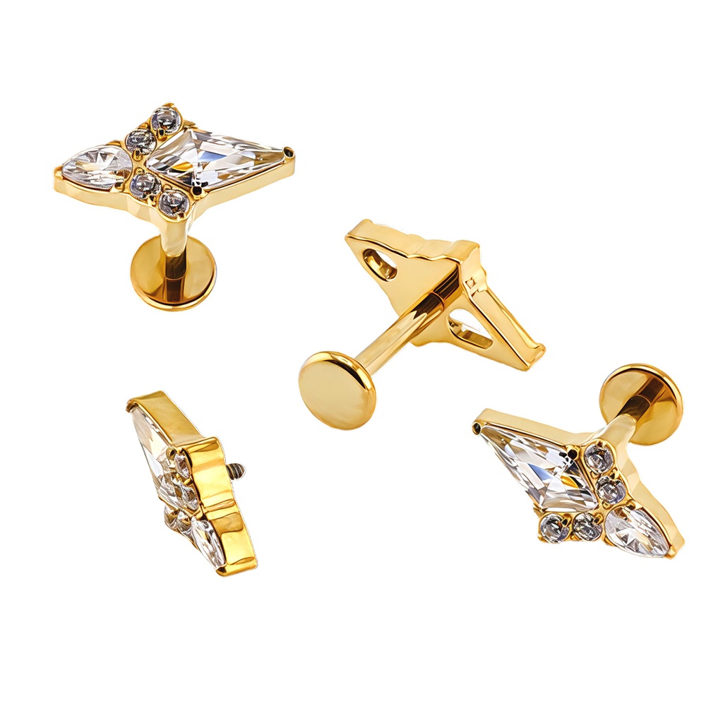 Titanium G23/ASTM F-136 Yellow Gold Ti-PVD Coated Labret with Internally Threaded In CNC Set Kite Cubic Zirconia and Tear Drop Cubic Zirconia Combined -Internal Thread 0.9mm 