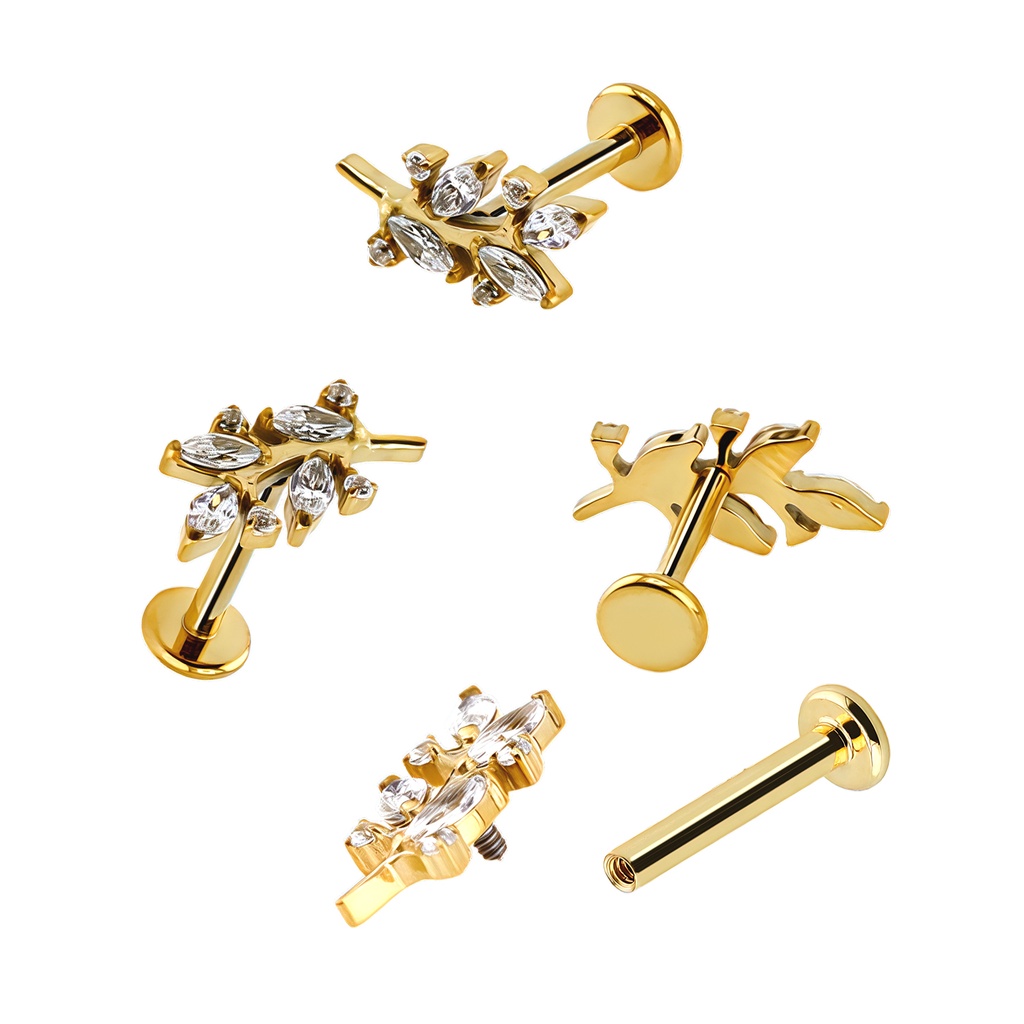 Titanium G23/ASTM F-136 Yellow Gold Ti-PVD Coated Labret with Internally Threaded In 4 Marquise Cubic Zirconia and 4 Round Cubic Zirconia Branch Shape Top - Internal Thread 0.9mm 