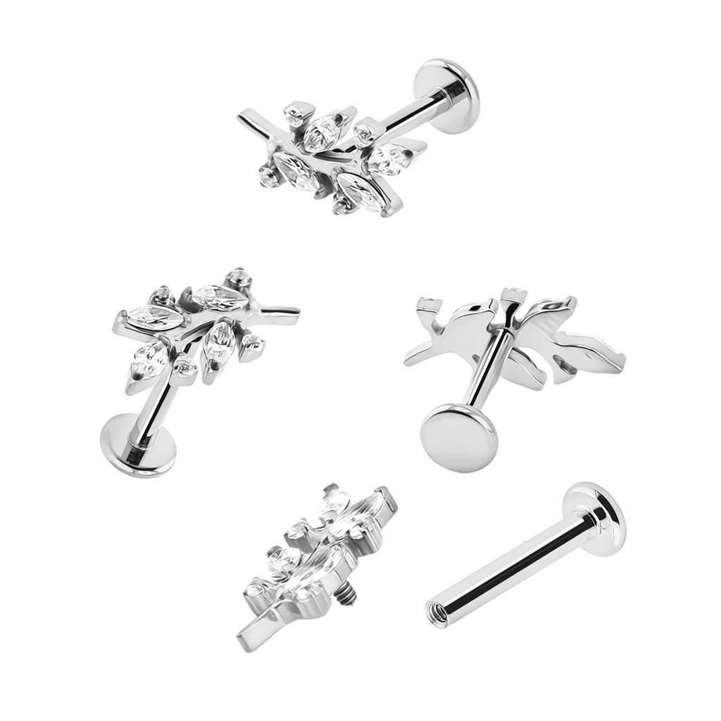 Titanium G23/ASTM F-136 White Gold Ti-PVD Coated Labret with Internally Threaded In 4 Marquise Cubic Zirconia and 4 Round Cubic Zirconia Branch Shape Top - Internal Thread 0.9mm  