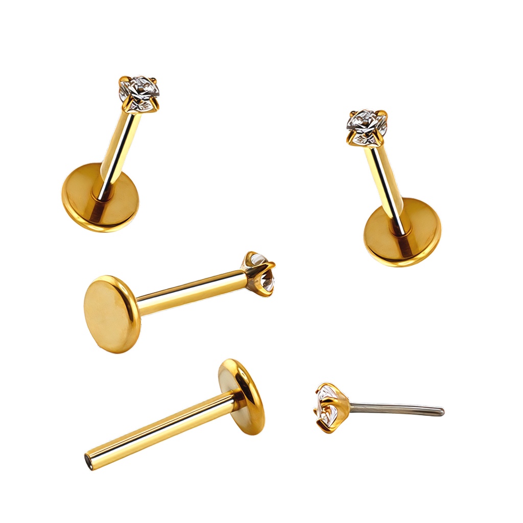 Titanium G23/ASTM F-136 Gold Ti-PVD Coated Push-In Labret with Round Cubic Zirconia in 4 Claw Prong Setting 