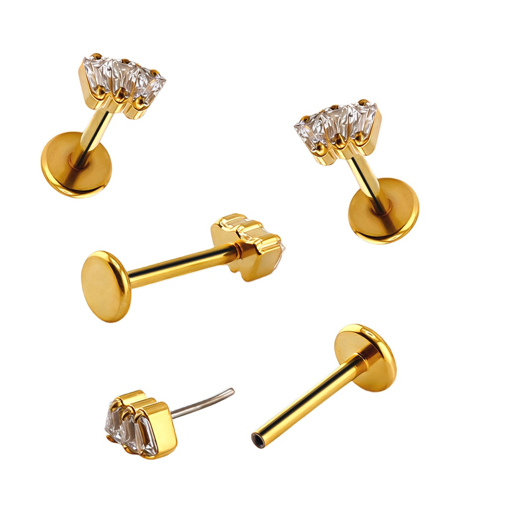 Titanium G23/ASTM F-136 Gold Ti-PVD Coated Push-In Labret with 3 Rectangle Cubic Zirconia in Prong Setting Top 
