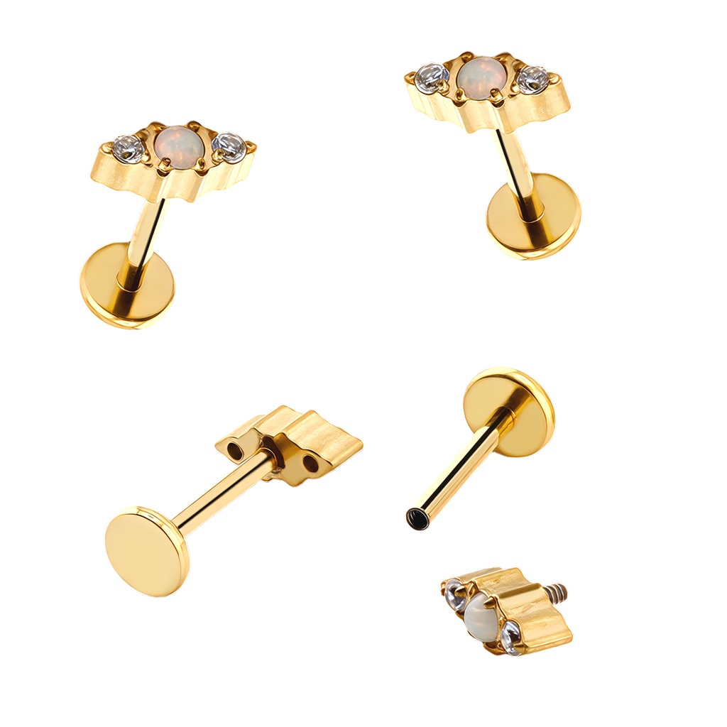 Titanium G23/ASTM F-136 Gold Ti-PVD Coated Internally Threaded Labret with Opal and Cubic Zirconia Cluster Top   