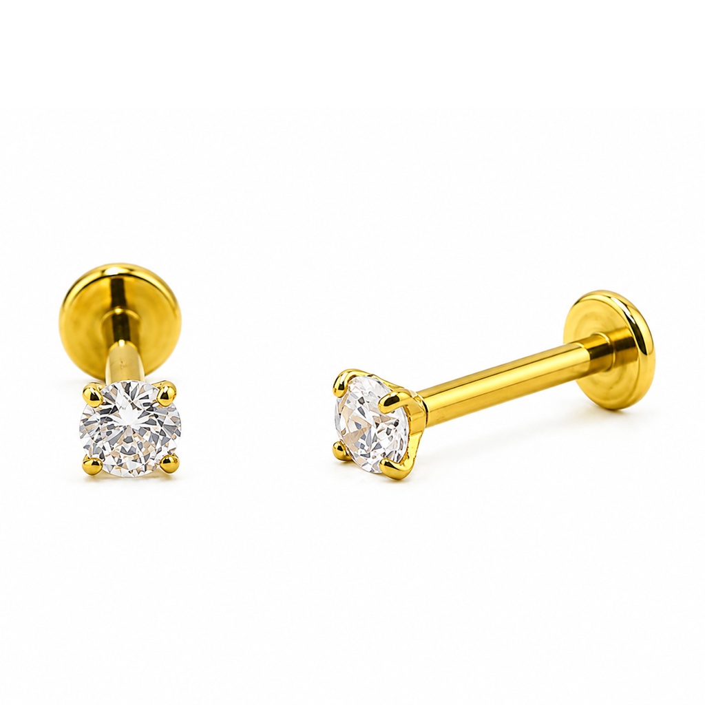 Steel 316L Yellow Gold Ti-PVD Internally Threaded Labret with Round Stone in Prong Setting Top