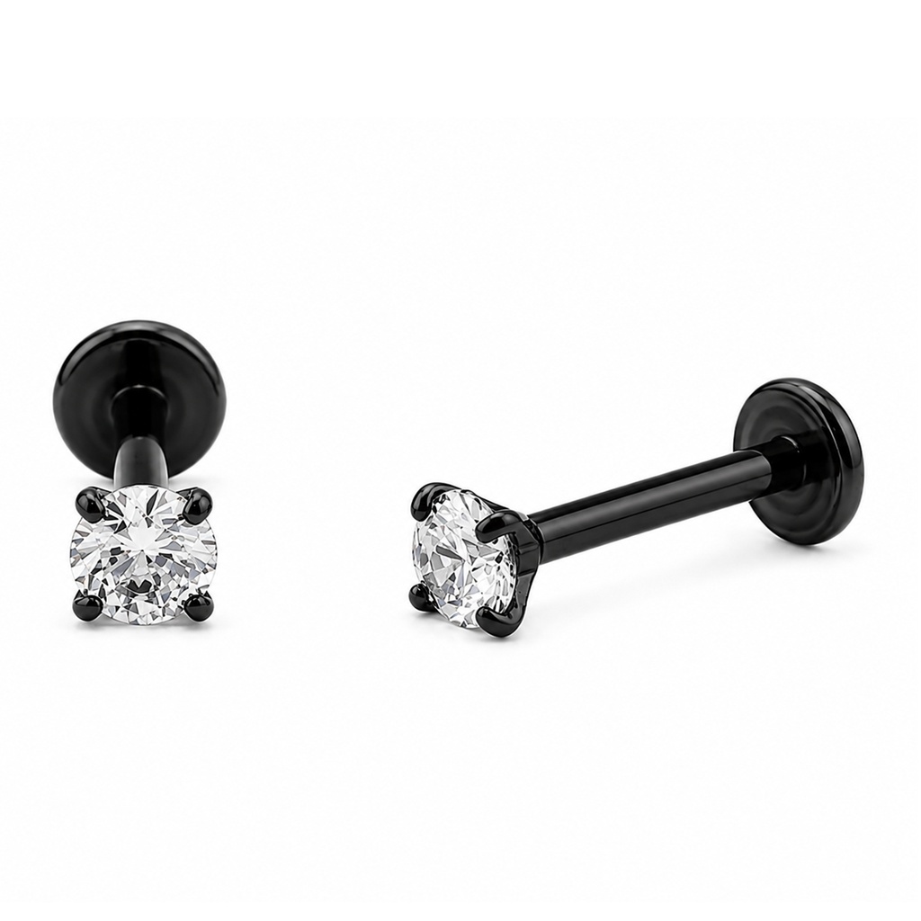 Steel 316L Black Ti-PVD Internally Threaded Labret with Round Stone in Prong Setting Top 