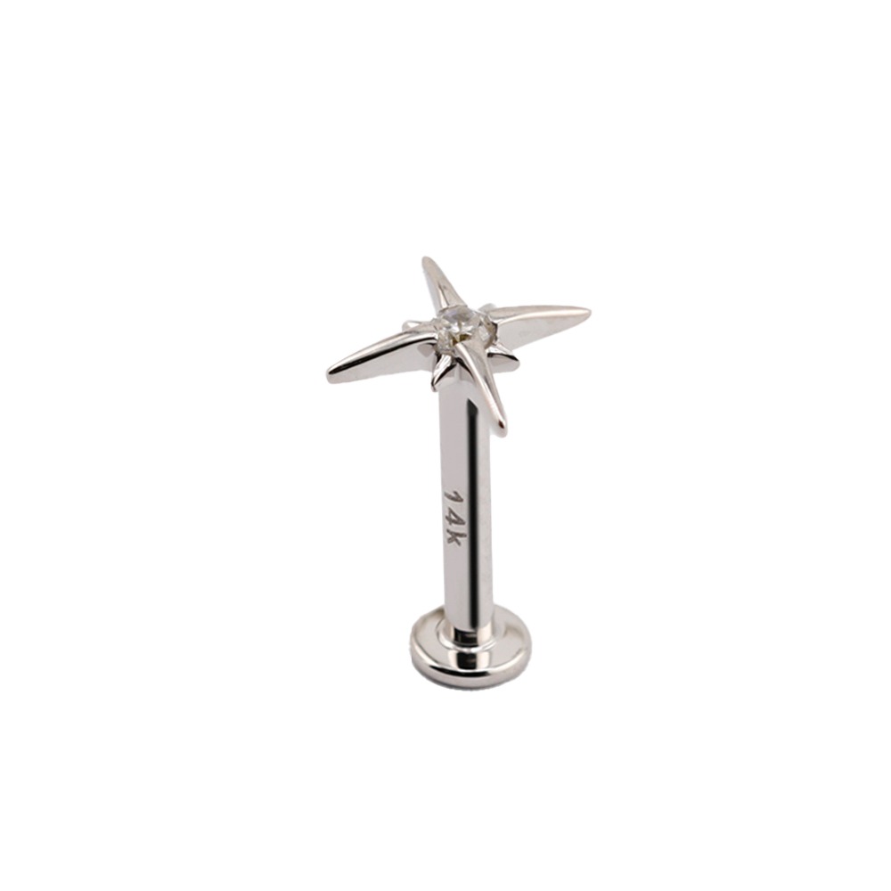 14K White Gold Internally Labret with Synthetic Diamond in Star Shape Top  