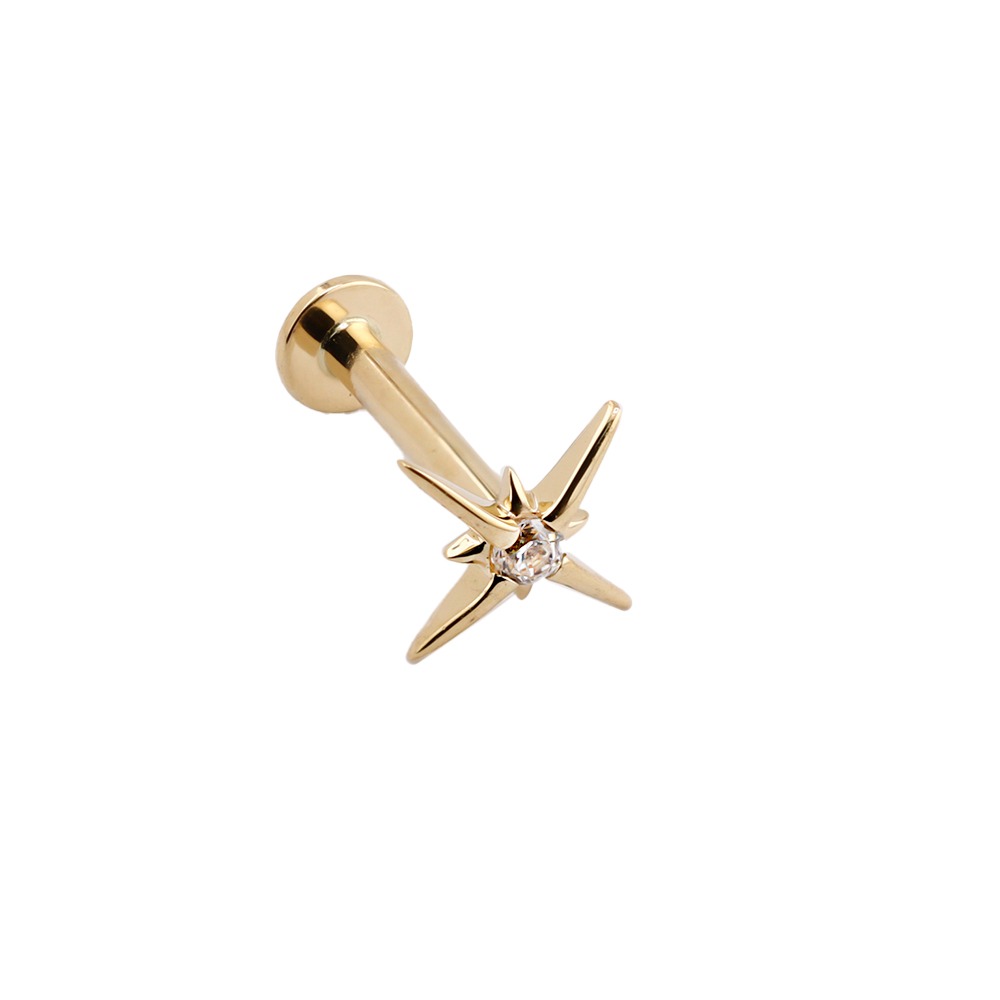 14K Real Gold Internally Labret with Synthetic Diamond in Star Shape Top   