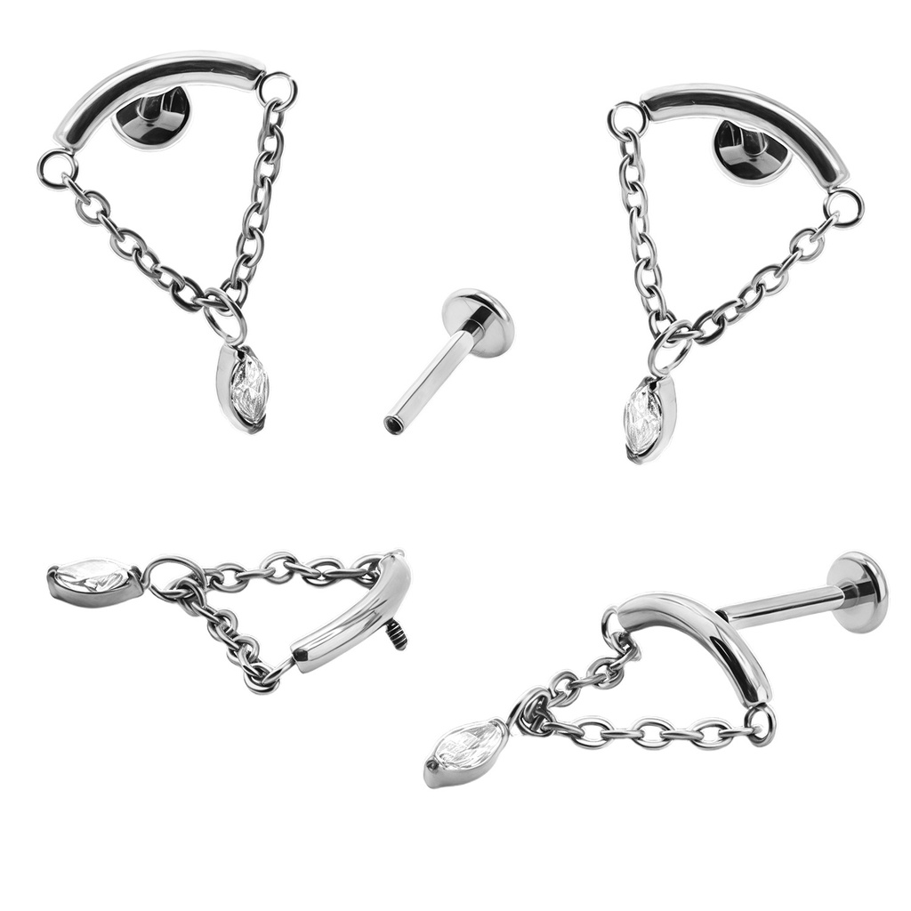 Titanium G23/ASTM F-136 White Gold Ti-PVD Coated Internally Threaded Hidden Helix Labret with Chain and Premium Marquise Center Top 