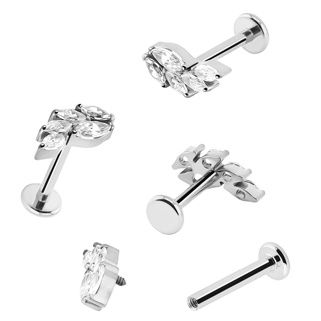 Titanium G23/ASTM F-136 White Gold Ti-PVD Coated Labret with Internally Threaded In  5 Premium Marquise Wheatear Shape Crystal Top Design - Internal Thread 0.9mm - 16GA(1.2mm) 