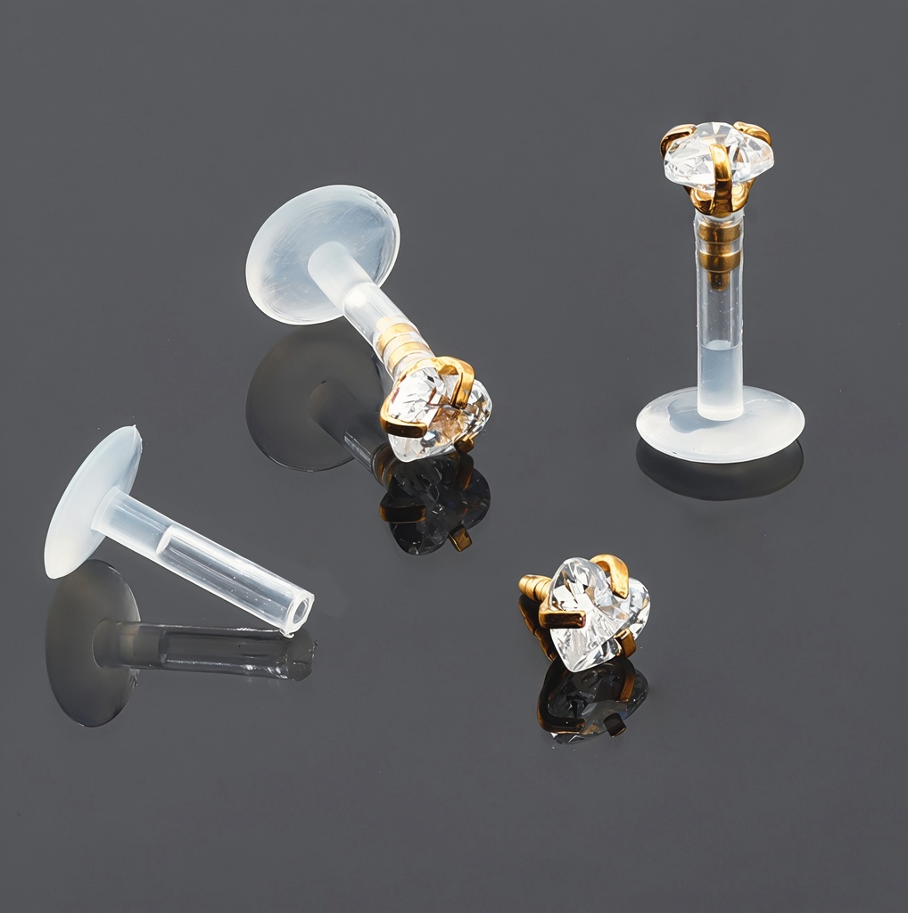 Push-In Bioflex Labret  with Steel 316L Rose Gold Ti-PVD Coated Heart Crystal Top (Prong Setting)  